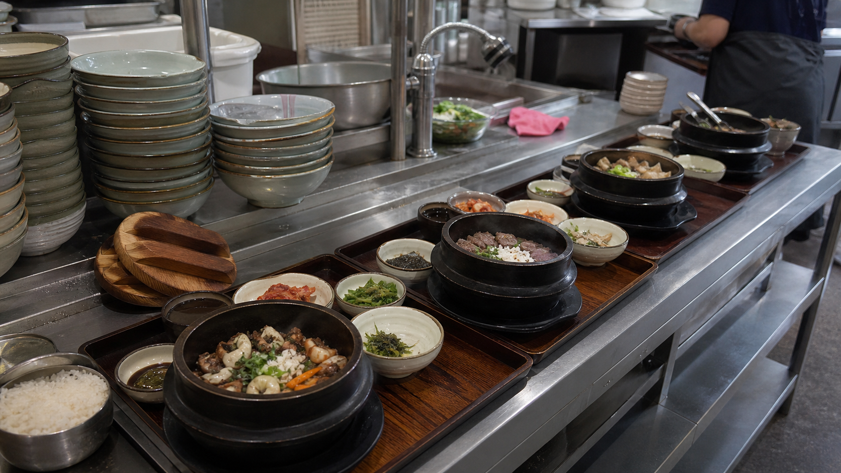 조리대에 밥, 국, 반찬, 마감 재료를 순서대로 배치하면 한상차림 제공 속도와 품질을 안정적으로 맞출 수 있습니다. — 운영 효율을 높이는 동선(한국식 솥밥 1인 한상차림 제공에 대해 자주 묻는 질문과 알아둘 점) 내용을 보여주는 사진