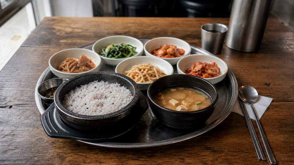 솥밥과 국물, 반찬이 한 사람 기준으로 정돈된 상차림은 고객이 메뉴 구성을 빠르게 이해하는 데 도움이 됩니다. — 한상차림의 기본 구조(한국식 솥밥 1인 한상차림 제공에 대해 자주 묻는 질문과 알아둘 점) 내용을 보여주는 사진