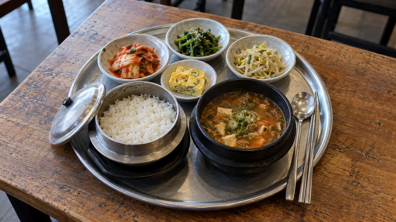 한 사람 앞에 놓인 작은 솥과 국그릇 옆으로 반찬 접시가 분리되어 있습니다. 개별 식사로 차려지는 모습을 위에서 보여 주며, 실제 기본 제공 범위는 메뉴별 구성 안내로 구분합니다.