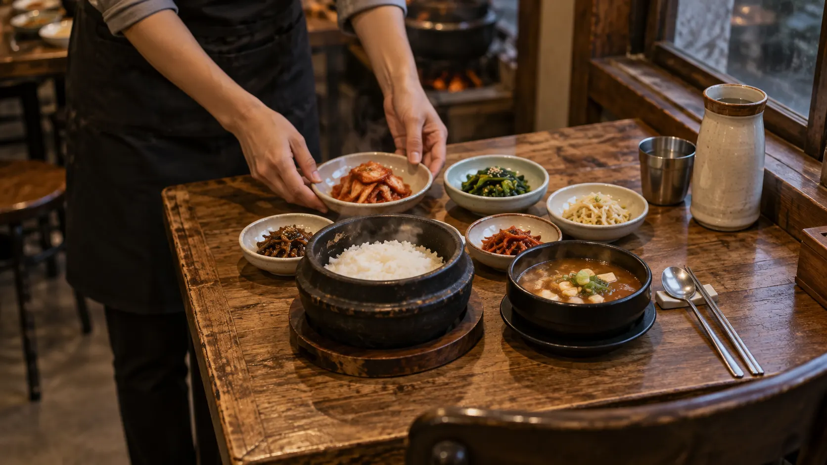 좁은 1인 식탁 위에 솥밥 그릇과 국그릇, 작은 반찬 그릇, 수저가 손의 이동을 막지 않도록 자리 폭과 중심선을 기준으로 배치된 상태를 보여준다.
