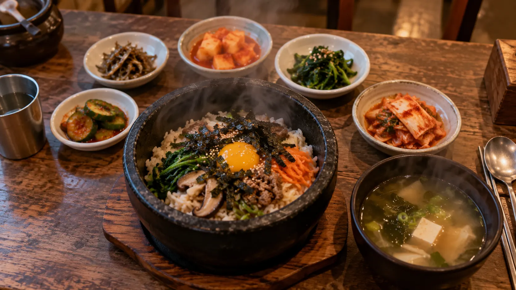 작은 솥에 담긴 밥과 곁들임이 한 사람 앞에 놓이고, 따뜻한 김과 그릇 간격이 1인 한상의 양과 식사 순서를 보여 주는 장면입니다. 메뉴를 고를 때 구성의 중심이 솥밥인지 함께 판단하도록 돕습니다.