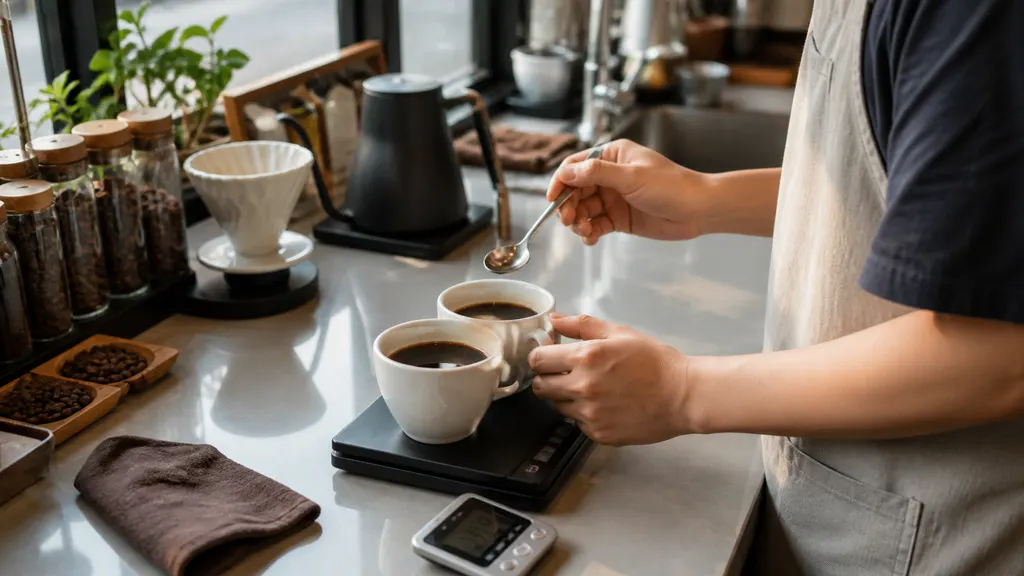 카페 작업대에서 같은 원두와 물 양을 맞춘 뒤 저울과 타이머로 추출 조건을 기록하고, 두 잔의 향과 맛을 비교해 로스팅 노트에 결과를 남기는 과정을 보여줍니다.