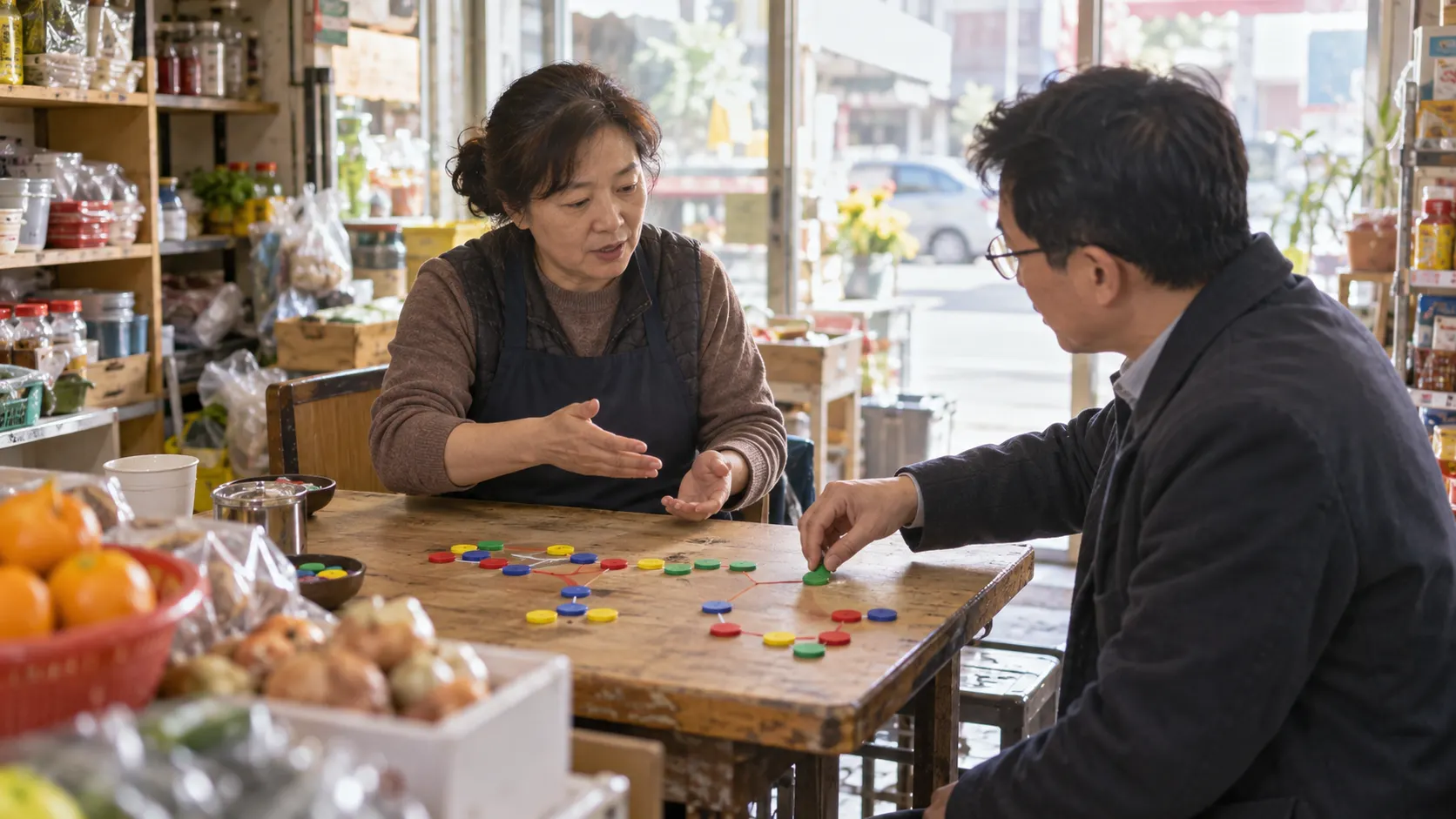 대표가 업무 흐름을 설명하는 동안 조력자가 색깔 토큰을 옮겨 문제의 원인과 실행 범위를 나누는 모습입니다. 컨설팅이 진단을 바탕으로 실행 설계에 참여하는 과정을 보여 줍니다.