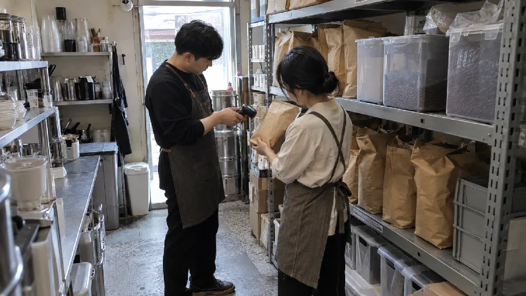 카페의 두 담당자가 창고에서 원두 포대와 보관 용기를 차례로 세고, 디지털 저울 수치와 장부 기록을 대조하며 기준일을 맞추는 장면입니다. 품목별 단위를 나눠 적습니다.