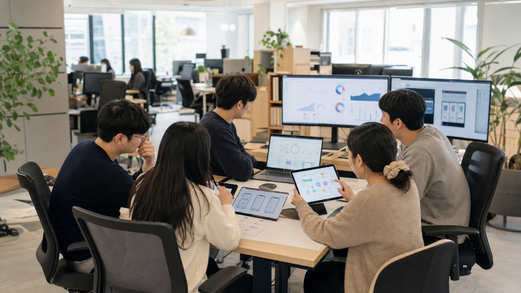 낮 시간 밝은 업무 공간에서 여러 운영자가 모바일앱 사용자 여정을 기기별로 살펴보며 전환 흐름을 점검하는 장면 — 프로모션 전환율의 실제 의미(앱 프로모션 전환율을 높이기 전에 점검할 사용자 여정) 내용을 보여주는 사진