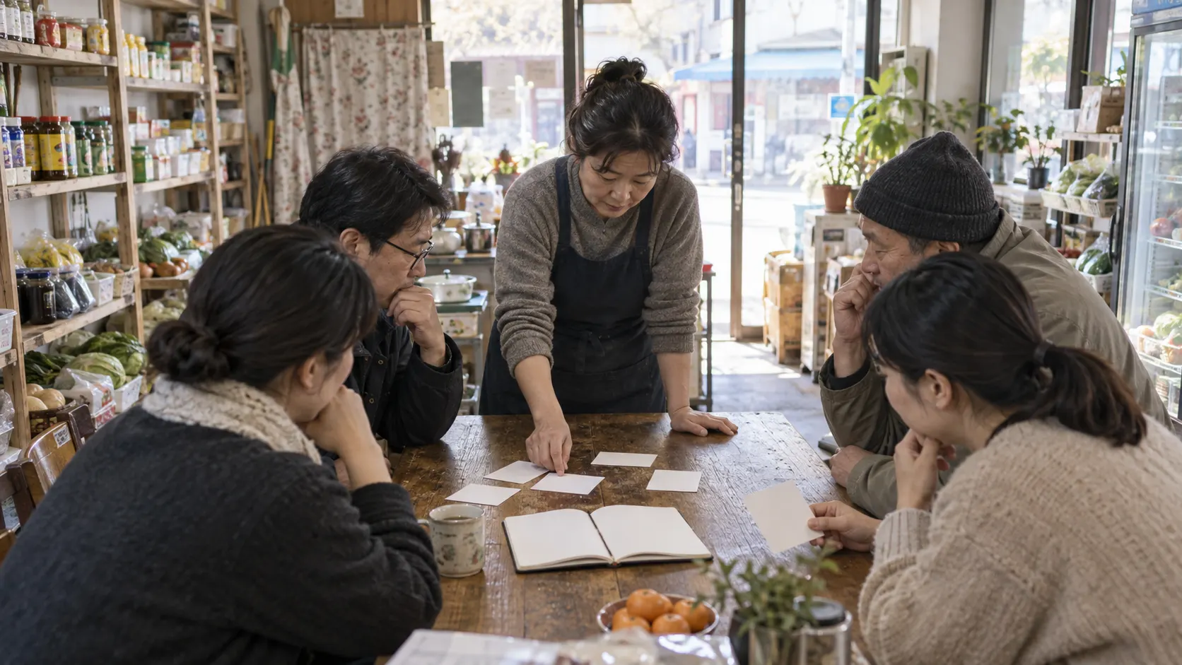 대표가 사업 문제를 설명하는 자리에서 조력자가 질문과 경험 공유를 이어가고 진단 자료를 살핍니다. 회의 흐름 속에서 참여 범위와 결정권을 나누고 실행 책임을 확인하는 장면입니다.