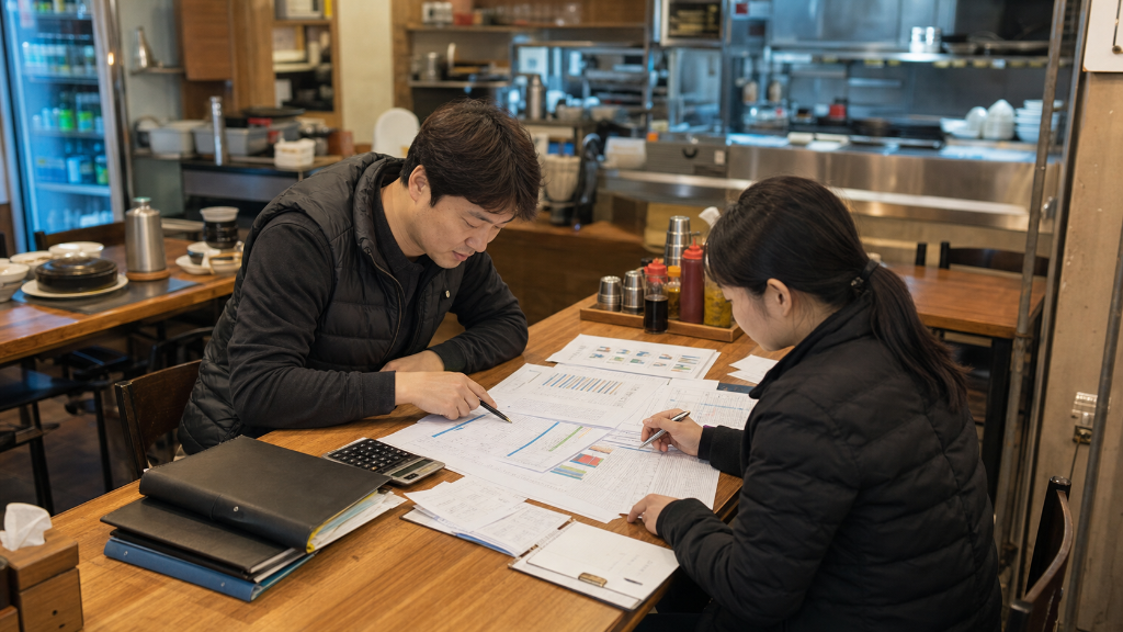 개점 후 매출, 재고, 원가 항목을 함께 점검하며 외식 매장 운영 개선점을 찾는 과정을 보여줍니다. — 개점 후 운영 관리(가맹점 운영 교육 및 지원에 대해 자주 묻는 질문과 알아둘 점) 내용을 보여주는 사진
