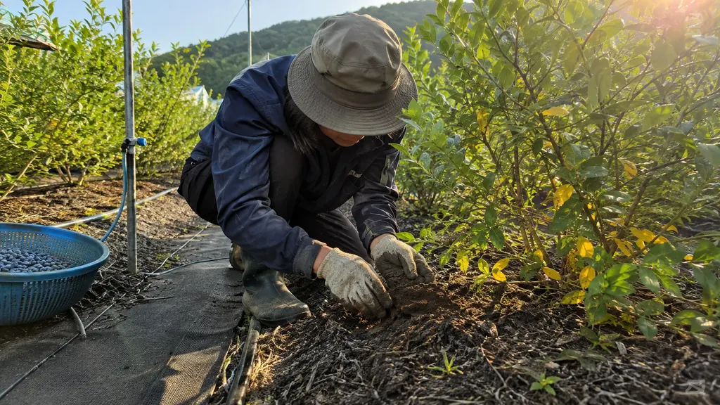 블루베리 나무 아래의 흙을 손으로 살피며 잎의 황변 위치와 뿌리 주변 수분 상태를 함께 관찰하는 장면입니다. 흙의 굳기와 배수 흔적도 화면에 드러납니다. 재배자는 잎과 토양을 따로 보지 않고 연결해 기록합니다.