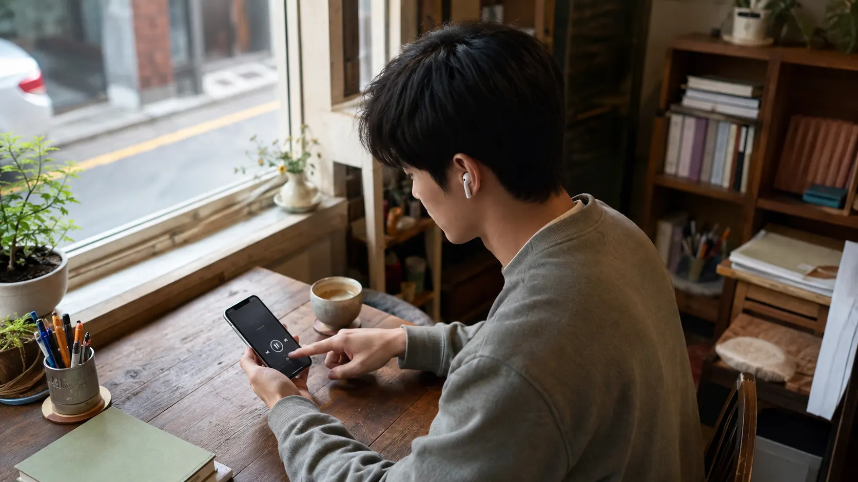 학습자가 창가에서 한쪽 이어폰으로 짧은 영어 음원을 반복해서 듣고 손가락으로 리듬을 짚으며, 스마트폰을 멈춰 단어 사이가 붙어 들리는 지점을 확인하는 장면입니다.