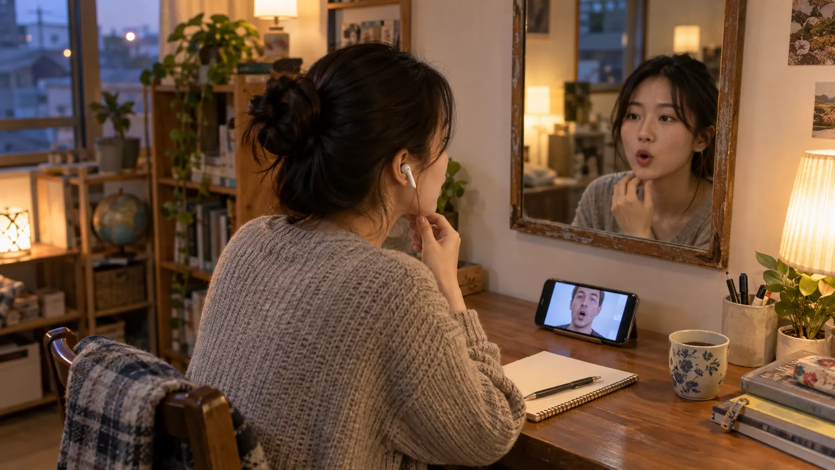 학습자가 영어 문장을 자막 없이 들으며 거울 속 입 모양을 관찰하고, 한글로 익힌 발음과 실제 영어 소리 사이의 차이를 확인하는 장면입니다.