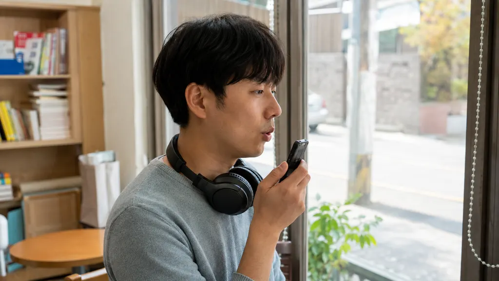 영어 문장을 1회차부터 3회차까지 나누어 들으며 단어 경계와 강세를 확인한 뒤 입으로 따라 말하는 소리 연결 훈련 장면입니다. 헤드폰은 목에 걸려 있습니다.