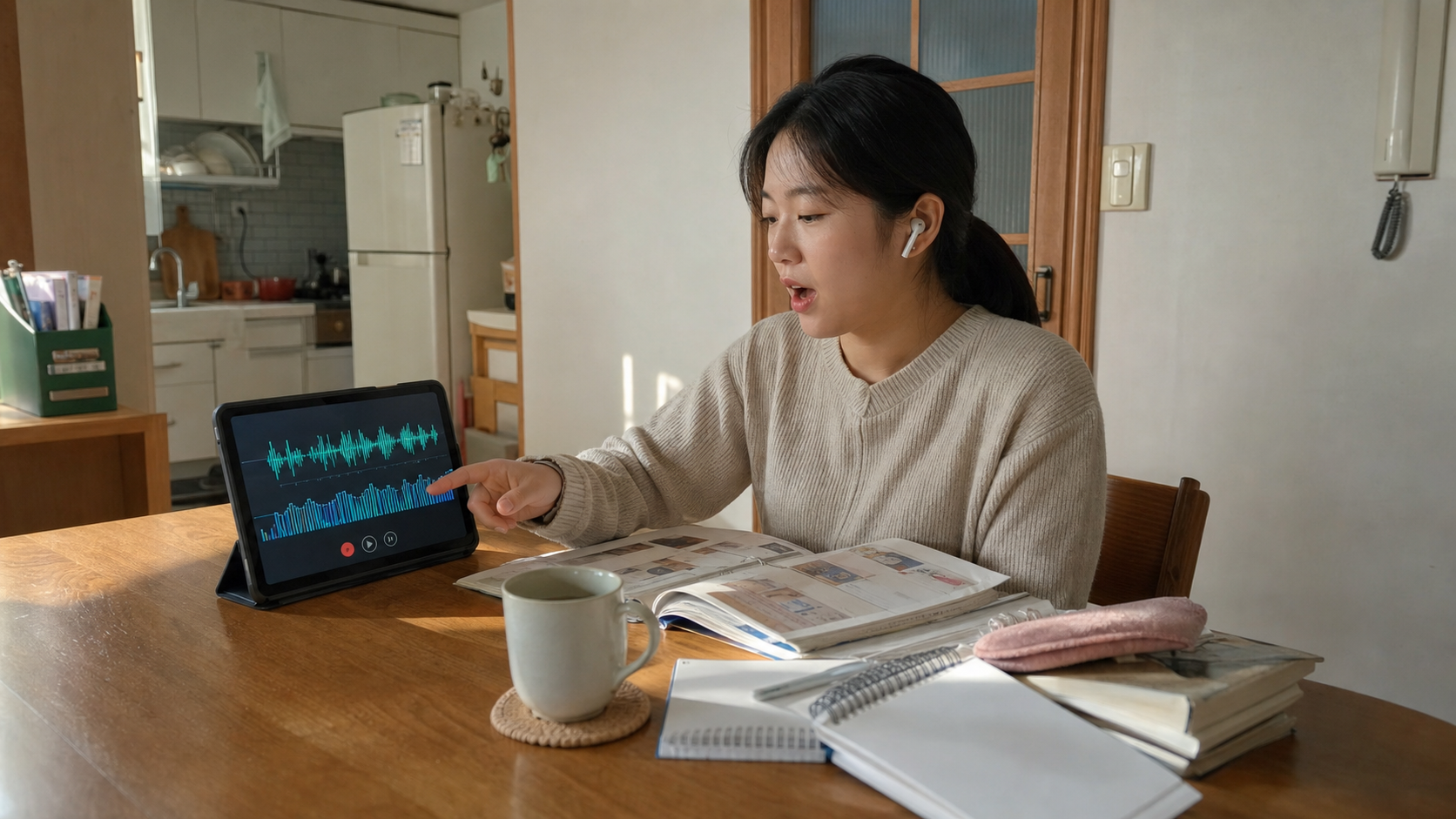 학습자가 짧은 영어 문장을 듣고 따라 말하며 발음과 소리 변화를 확인하는 온라인 훈련 장면입니다. — 학습 목표와 훈련 구조(영어 교육, 온라인 영어 훈련 플랫폼 분야를 처음 알아볼 때 확인할 기본 원리) 내용을 보여주는 사진