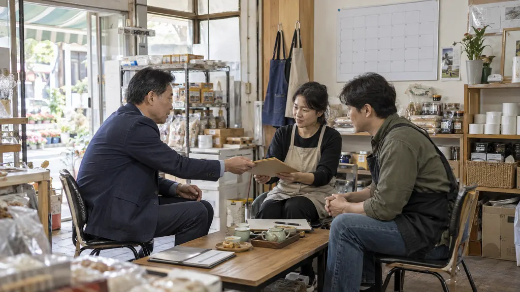 멘토와 두 사업가가 밝은 회의 공간에서 자료를 나누고 회차별 역할과 다음 약속을 다시 맞추며, 장기 멘토링의 대화가 관계 운영으로 넓어지는 과정을 보여 줍니다.