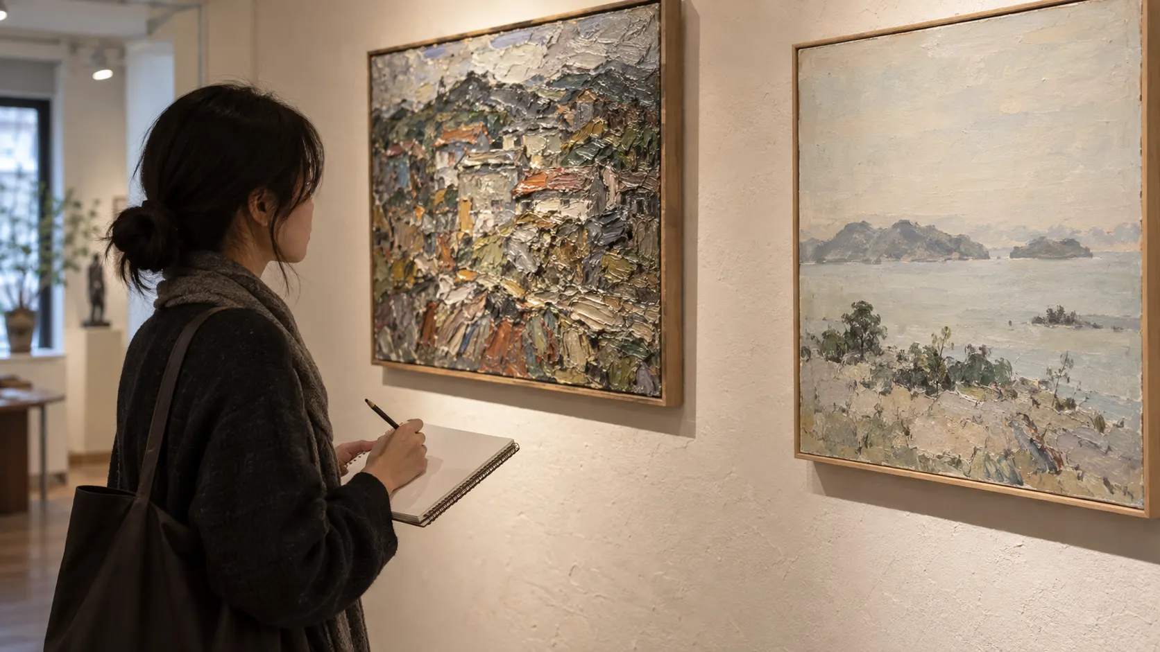 전시 방문객이 붓질의 밀도가 다른 두 작품을 나란히 바라보며 선의 방향과 여백의 차이를 작은 수첩에 기록하는 장면입니다. 초기작과 후기작의 표현을 화면의 리듬으로 비교하는 관람 방식을 보여줍니다.