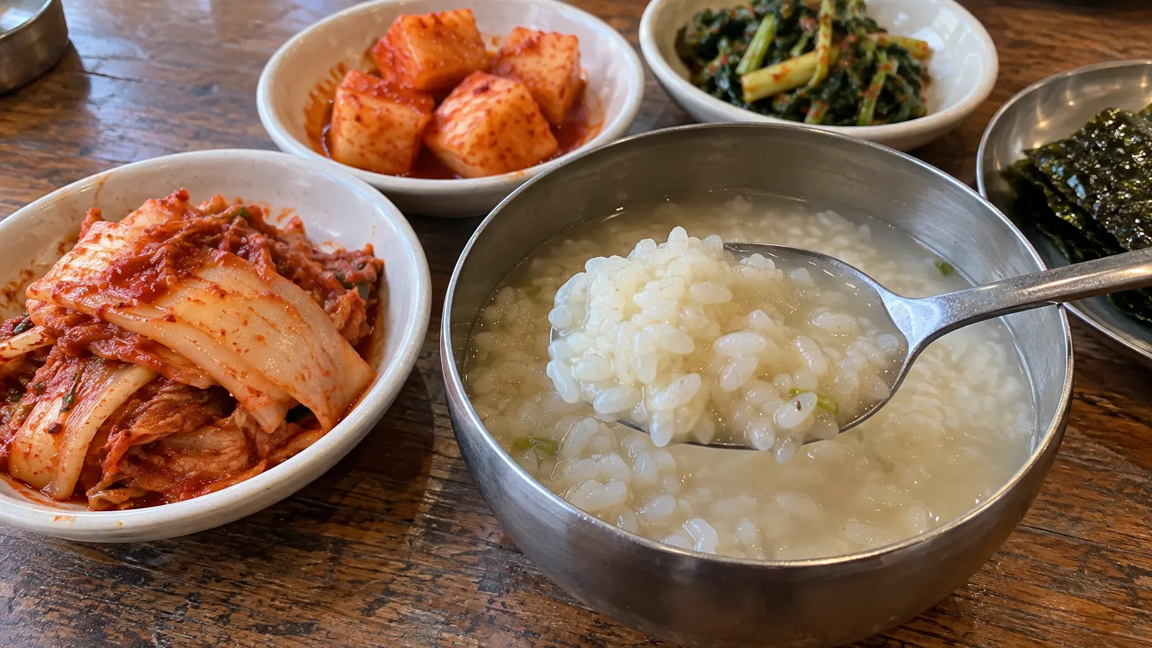 국물에 밥을 만 숟가락 옆으로 배추김치의 줄기 단면과 깍두기 조각이 놓여 있습니다. 부드럽게 풀어진 밥알과 결이 남은 반찬의 표면을 가까이 보여 주어 한 입마다 달라지는 씹는 느낌을 비교합니다.