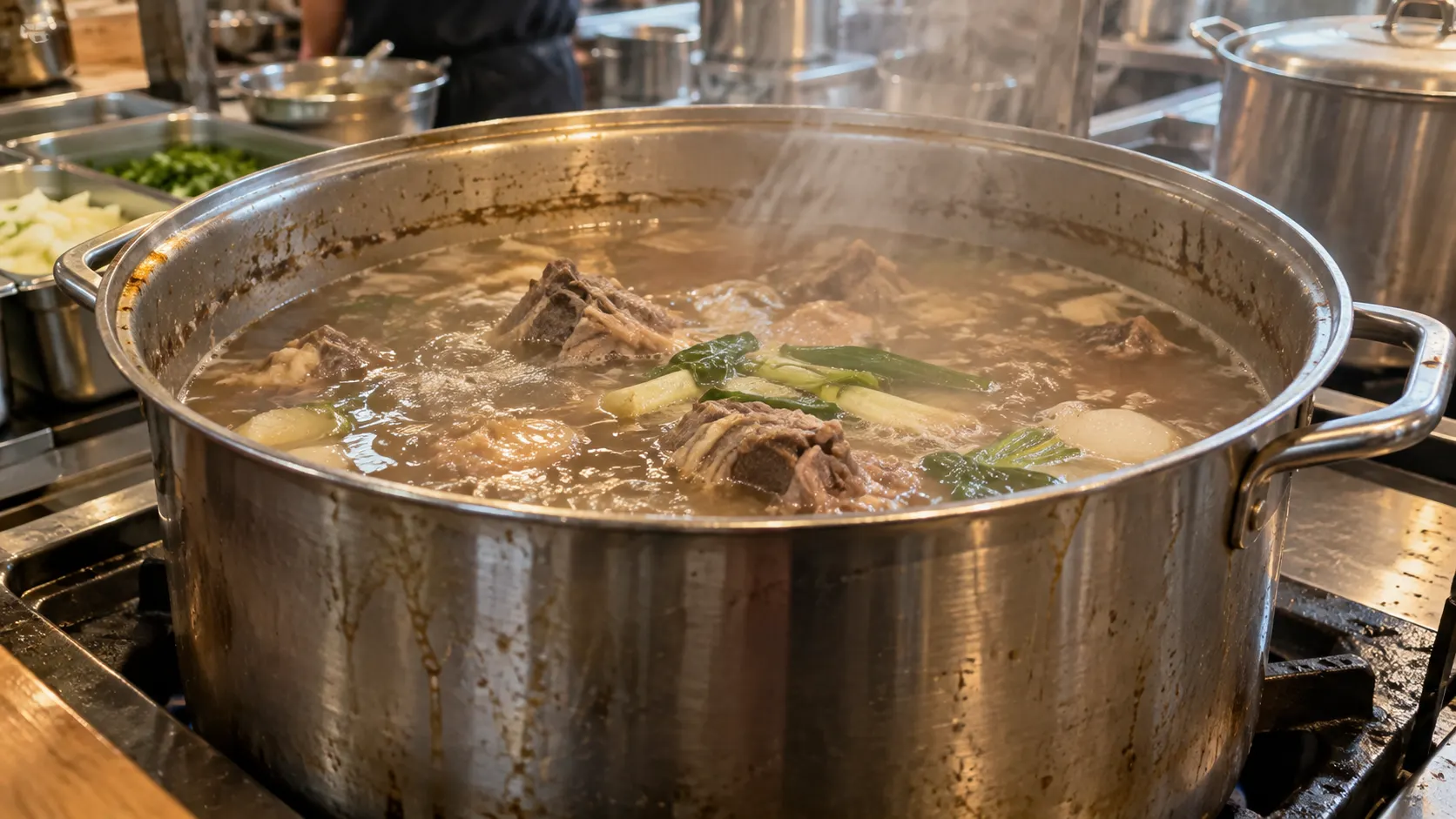 뚜껑을 연 냄비에서 흑염소탕이 끓고 수증기가 올라오는 모습입니다. 국물 표면과 냄비 안쪽에 남은 흔적을 함께 보여 주어 가열 중 줄어든 물의 양과 간의 변화를 이해하도록 돕습니다.