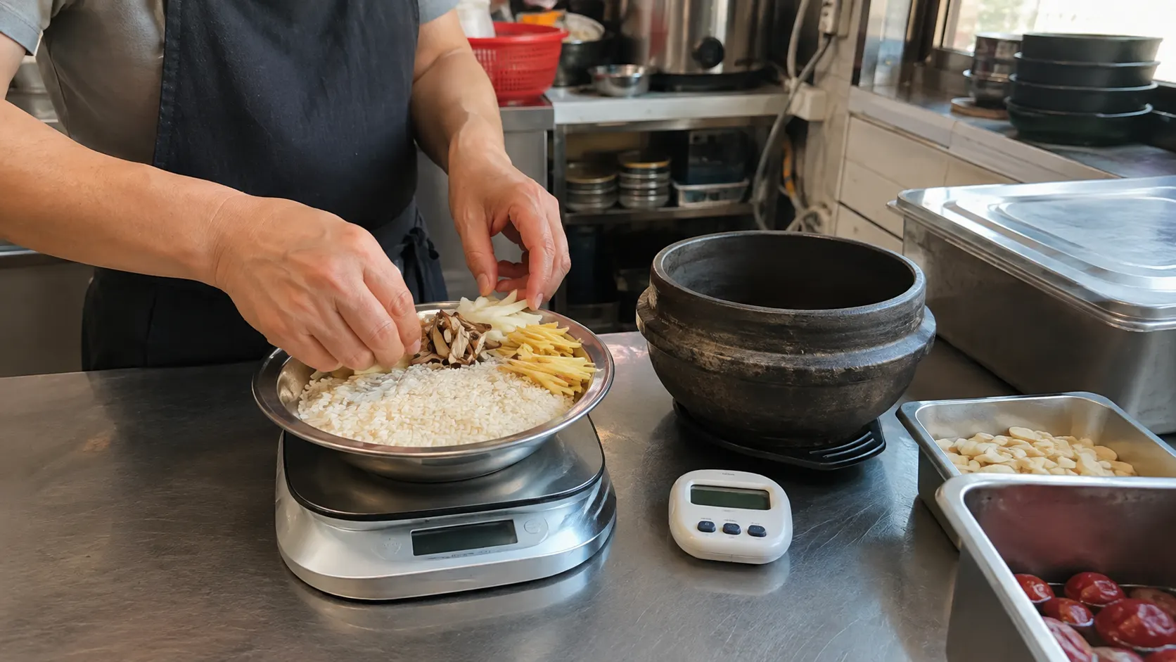 조리자가 저울로 쌀 1인분과 손질한 재료의 중량을 맞추고 솥과 계량 도구를 같은 작업대에 배치해 재료 기준과 조리 전 순서를 확인하는 장면입니다.