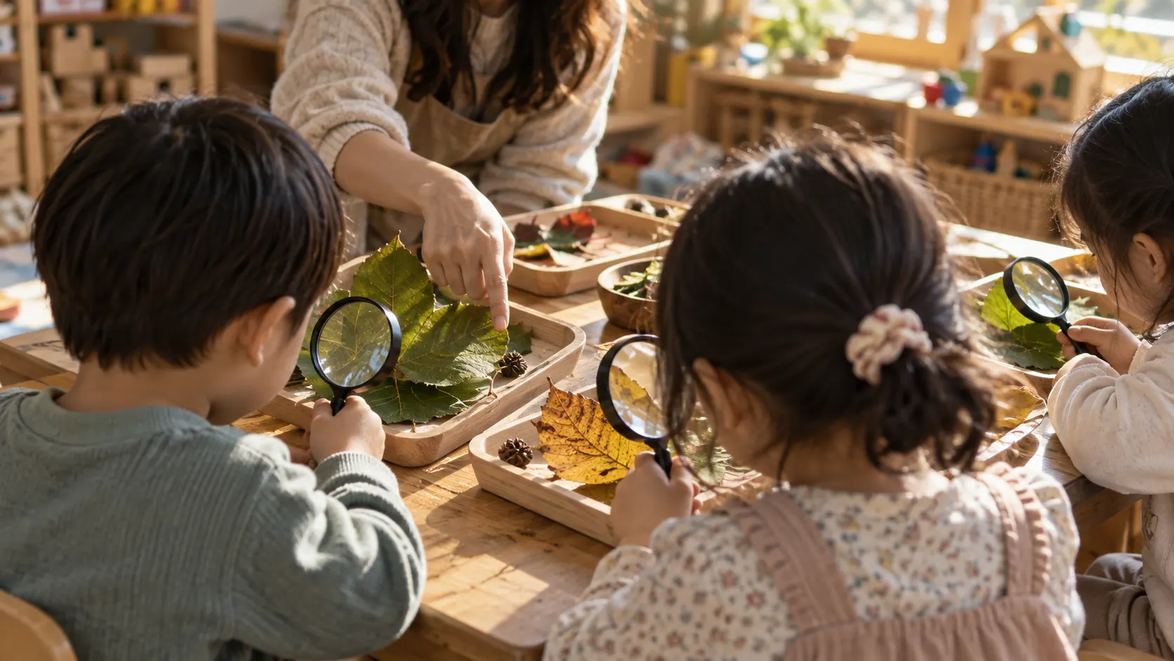 야외에서 하려던 나뭇잎 관찰을 실내에서 이어가는 장면으로, 아이들이 낮은 탁자에 놓인 잎을 확대경으로 살펴보고 모양의 차이를 비교하며 원래 체험 주제를 이어가는 모습입니다.