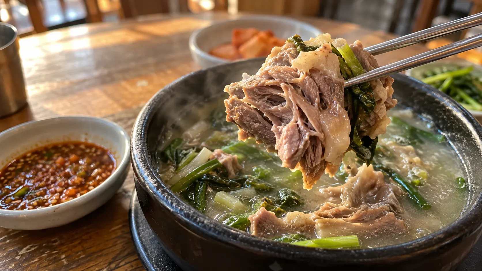 흑염소탕의 고기를 젓가락으로 들어 결이 드러난 모습을 가까이서 살펴보는 장면입니다. 고기를 씹을 때의 느낌과 국물에 더하는 양념의 향을 나누어 평가하는 본문 내용을 보여 줍니다.
