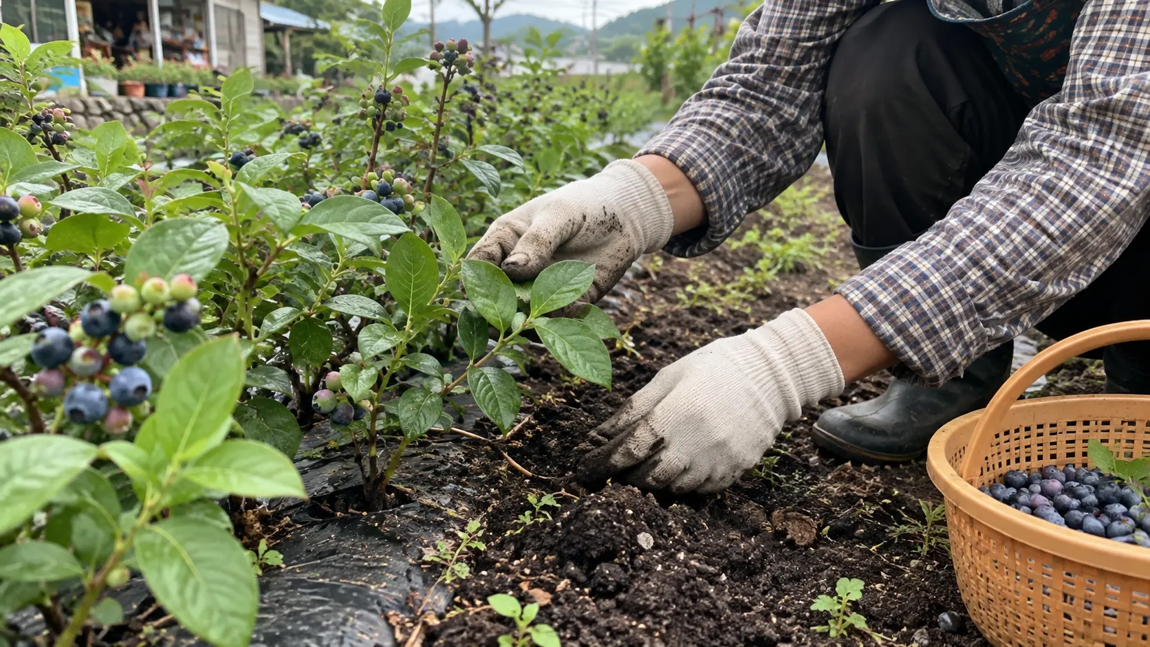 햇빛과 배수 상태를 살피며 작은 시험 구역의 베리 잎과 흙을 기록하는 장면입니다. 품종을 고를 때 밭 조건과 수확 계획을 함께 비교하고 가족 체험에 쓸 설명 장면까지 정하는 과정을 보여줍니다.
