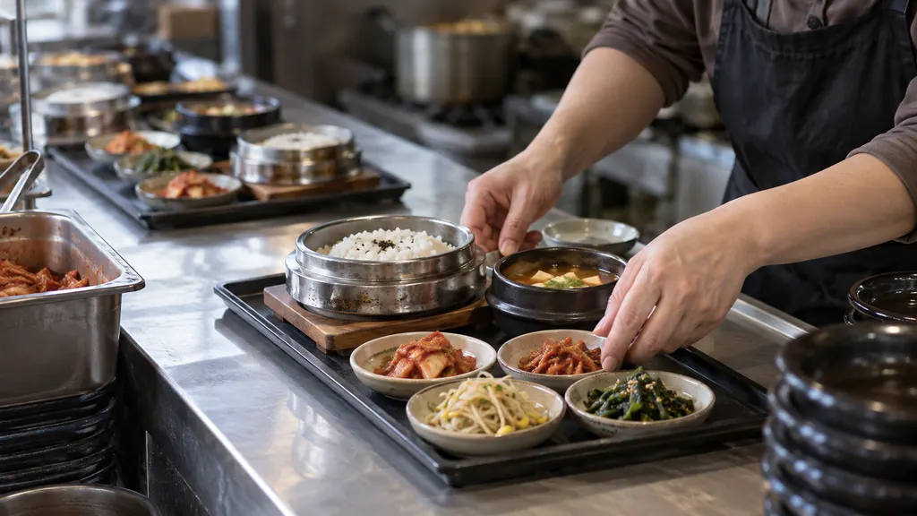 작은 솥과 반찬을 한 쟁반에 놓는 작업대에 완성된 상차림이 대기하는 모습입니다. 조리와 제공 사이의 흐름을 살피며 매니저의 현장 조정과 슈퍼바이저의 원인 점검을 구분하는 예시입니다.