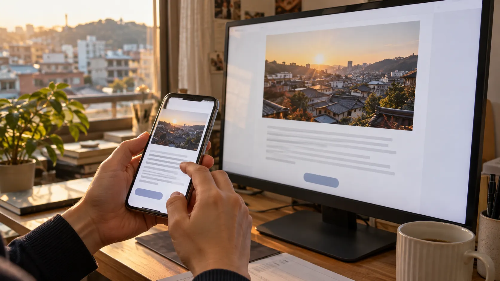 휴대전화에서 공개한 글을 아래로 내려 보며 본문과 사진의 누락 여부를 점검하는 장면입니다. 화면 가장자리에서 문장이 잘리지 않는지, 버튼이 글을 가려 읽기를 막지 않는지 함께 확인합니다.