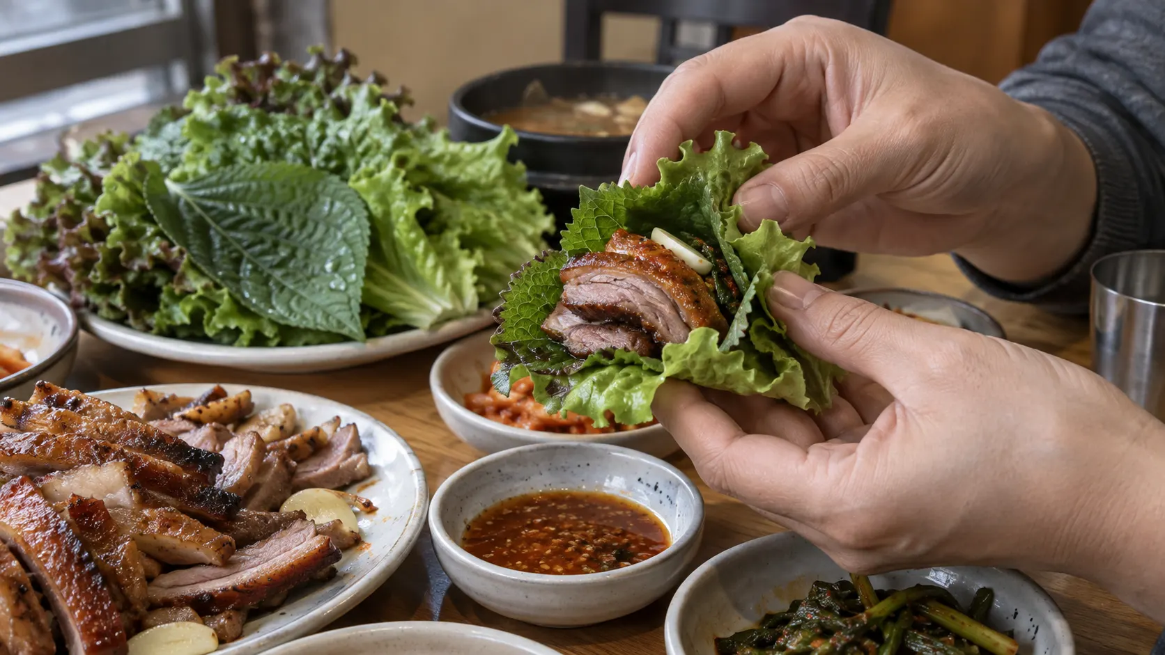 구운 오리고기를 상추에 올려 먹는 손과 물기를 뺀 잎채소가 놓인 접시입니다. 고기와 채소를 나누어 두고 양념장을 별도로 담아 각자 먹는 방식에 맞춰 곁들이는 상차림을 보여 줍니다.