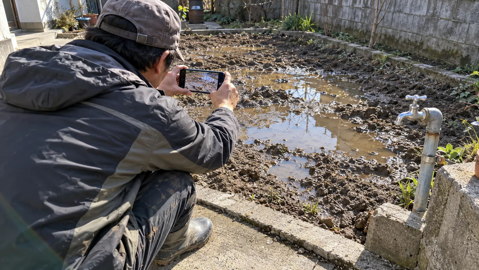 재배 예정지의 넓은 모습과 물이 고인 부분을 사진으로 남기는 장면입니다. 물을 공급할 위치와 주변 환경을 함께 기록해 상담에서 장소의 조건을 구체적으로 설명하는 데 쓰는 자료를 보여줍니다.
