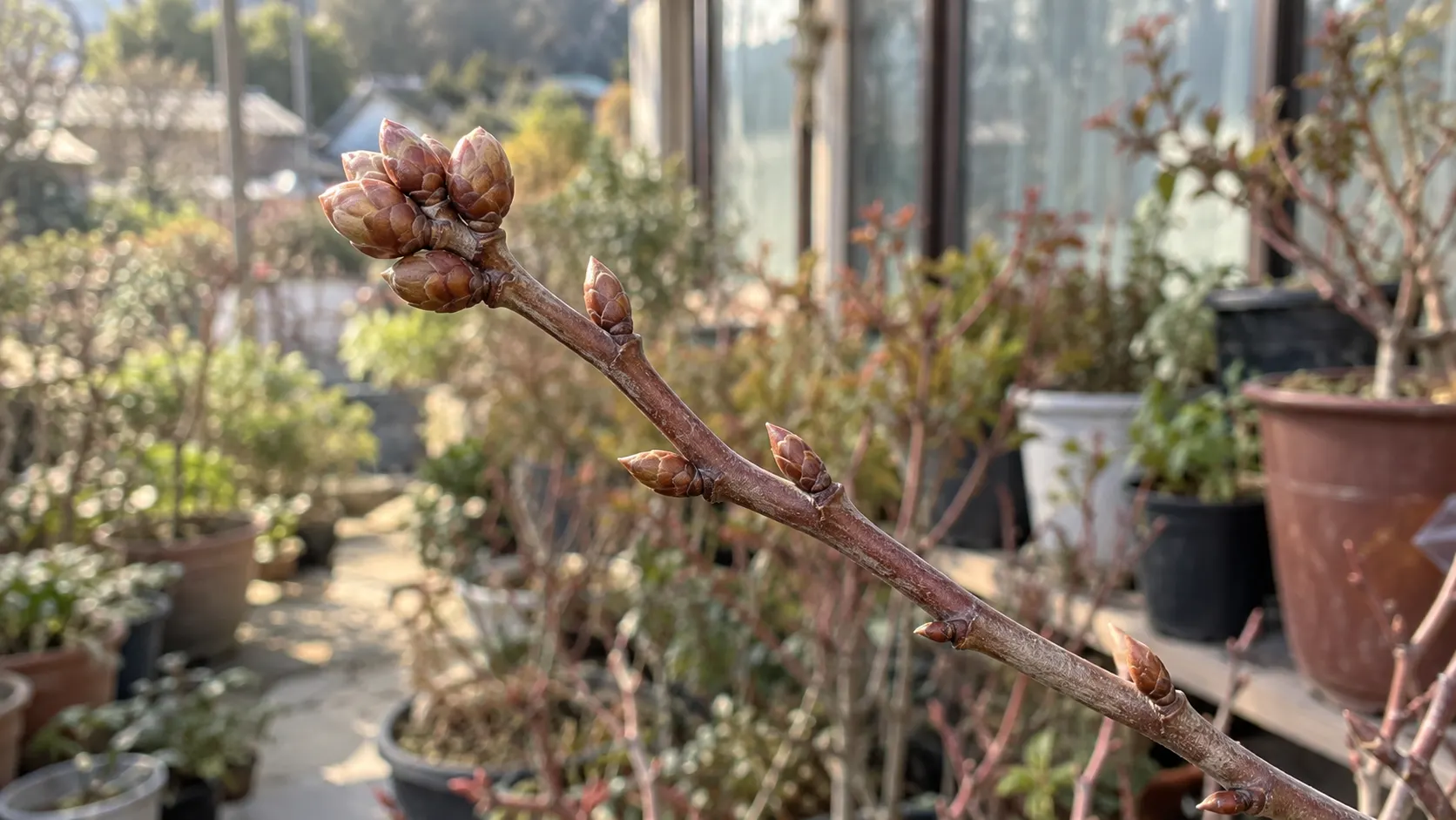 블루베리 가지 끝에 모여 있는 둥근 꽃눈과 그 아래쪽의 가늘고 작은 잎눈을 가까이에서 비교하는 모습입니다. 가지 끝을 자르기 전에 꽃눈의 위치를 구분한다는 본문 내용을 보여 줍니다.
