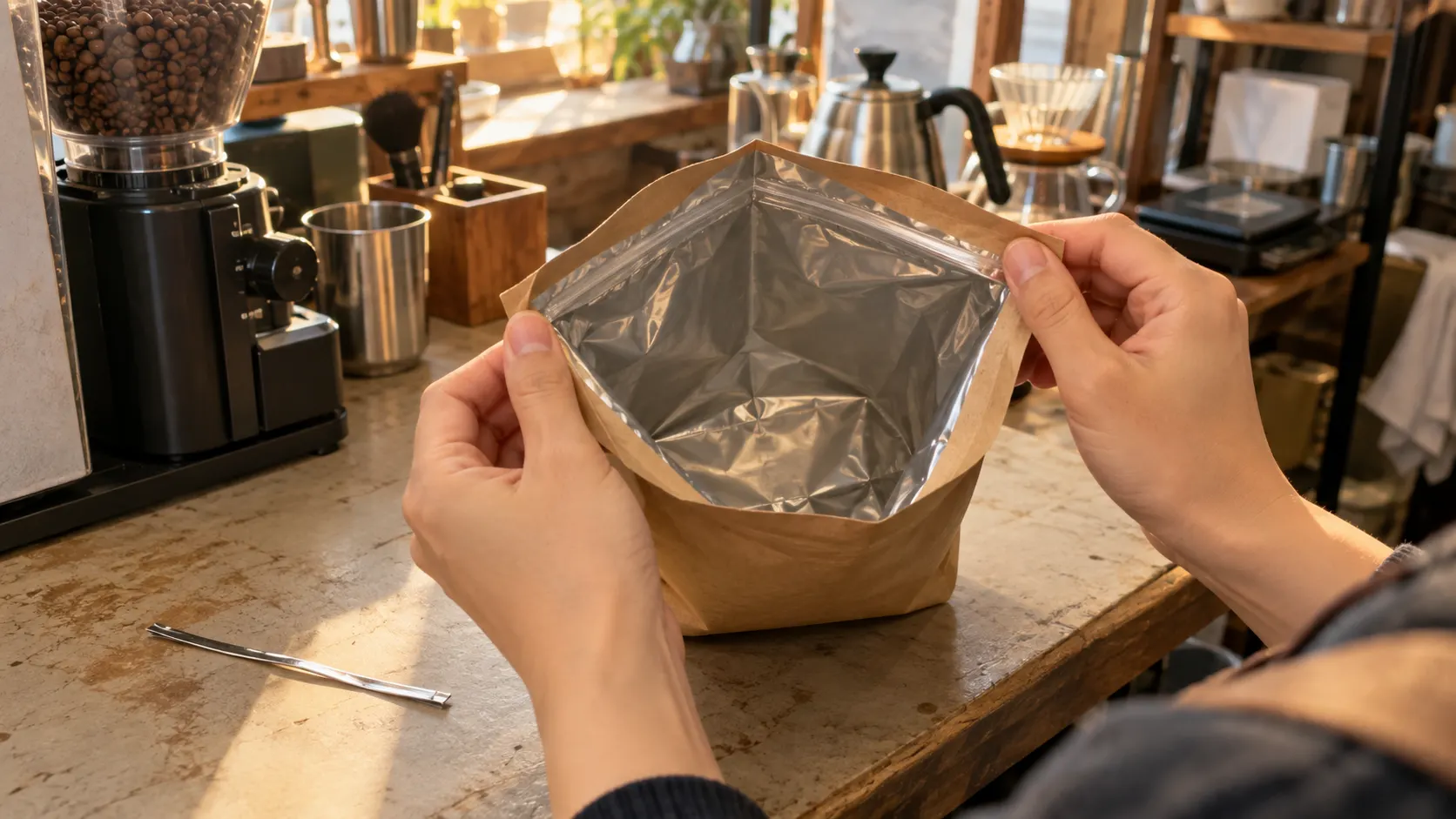 커피 봉투를 펼쳐 종이처럼 보이는 바깥면과 안쪽 코팅을 함께 살피는 장면입니다. 분리되는 잠금 부품도 따로 놓아 포장 전체를 한 재질로 판단하지 않고 배출 안내와 대조하는 과정을 설명합니다.