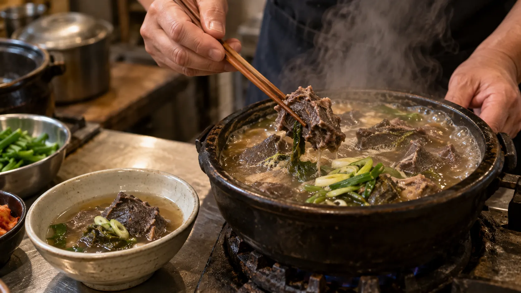 끓는 흑염소탕 옆에서 젓가락으로 고기 결을 확인하고 작은 국물 그릇의 간과 기름 상태를 비교하며 익힘 순서를 점검하는 조리 장면입니다. 양념을 넣기 전 원인을 나누어 살피는 모습도 담았습니다.