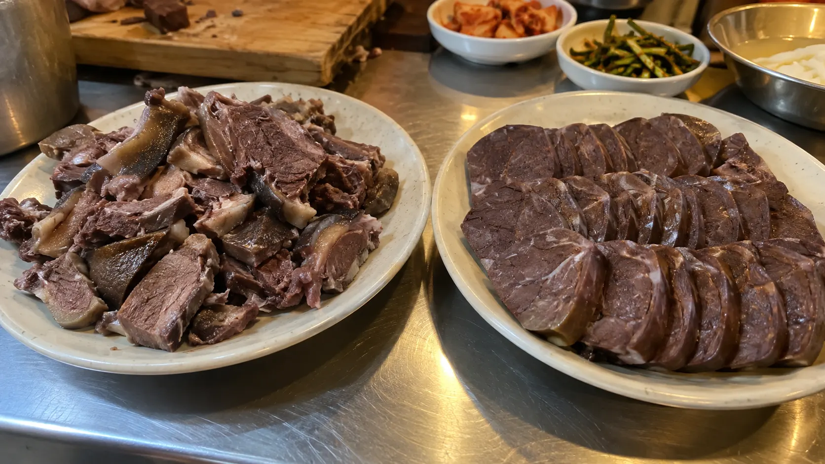 접시에 풀어 담은 삶은 고기와 눌러 모양을 잡아 썬 고기를 나란히 보여 주는 장면입니다. 수육과 편육을 고기의 형태로 구분하고 양념에 버무린 무침과도 다른 메뉴임을 설명합니다.