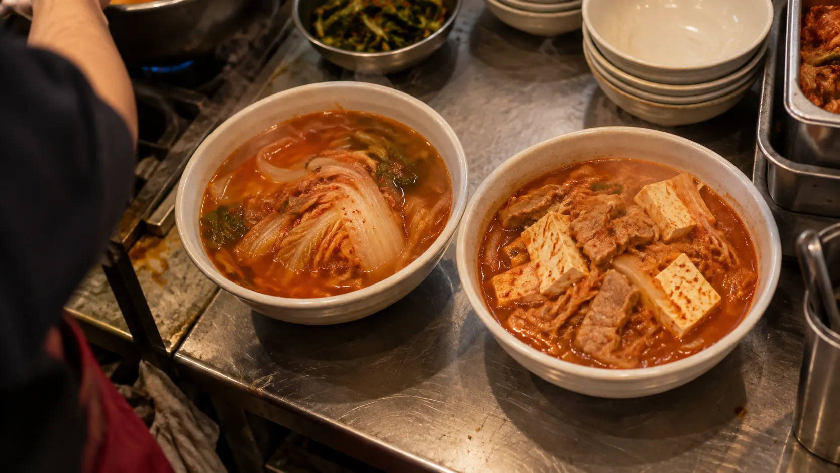 국물을 넉넉히 담고 김치와 두부를 띄운 김칫국과, 김치에 돼지고기와 두부를 더해 건더기를 많이 담은 김치찌개를 나란히 놓아 두 음식의 국물과 재료 비중을 비교한 모습입니다.