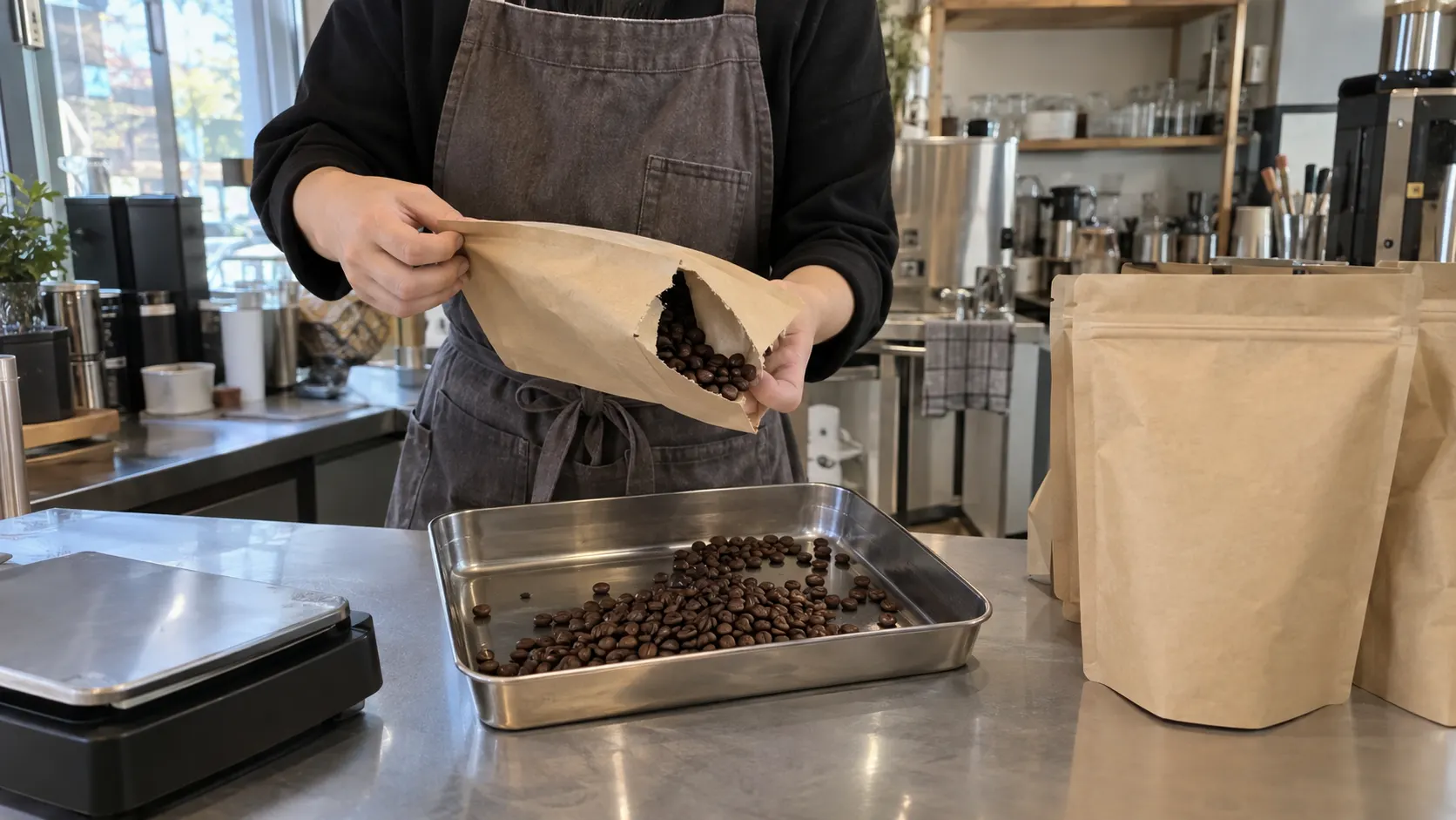 찢어진 원두 봉투와 정상 포장을 분리해 수령 상태를 점검하는 장면으로, 도착한 원두의 수량은 기록에 남기면서 사용 불가 수량을 매장의 사용 가능 재고와 구별하는 과정을 보여줍니다.