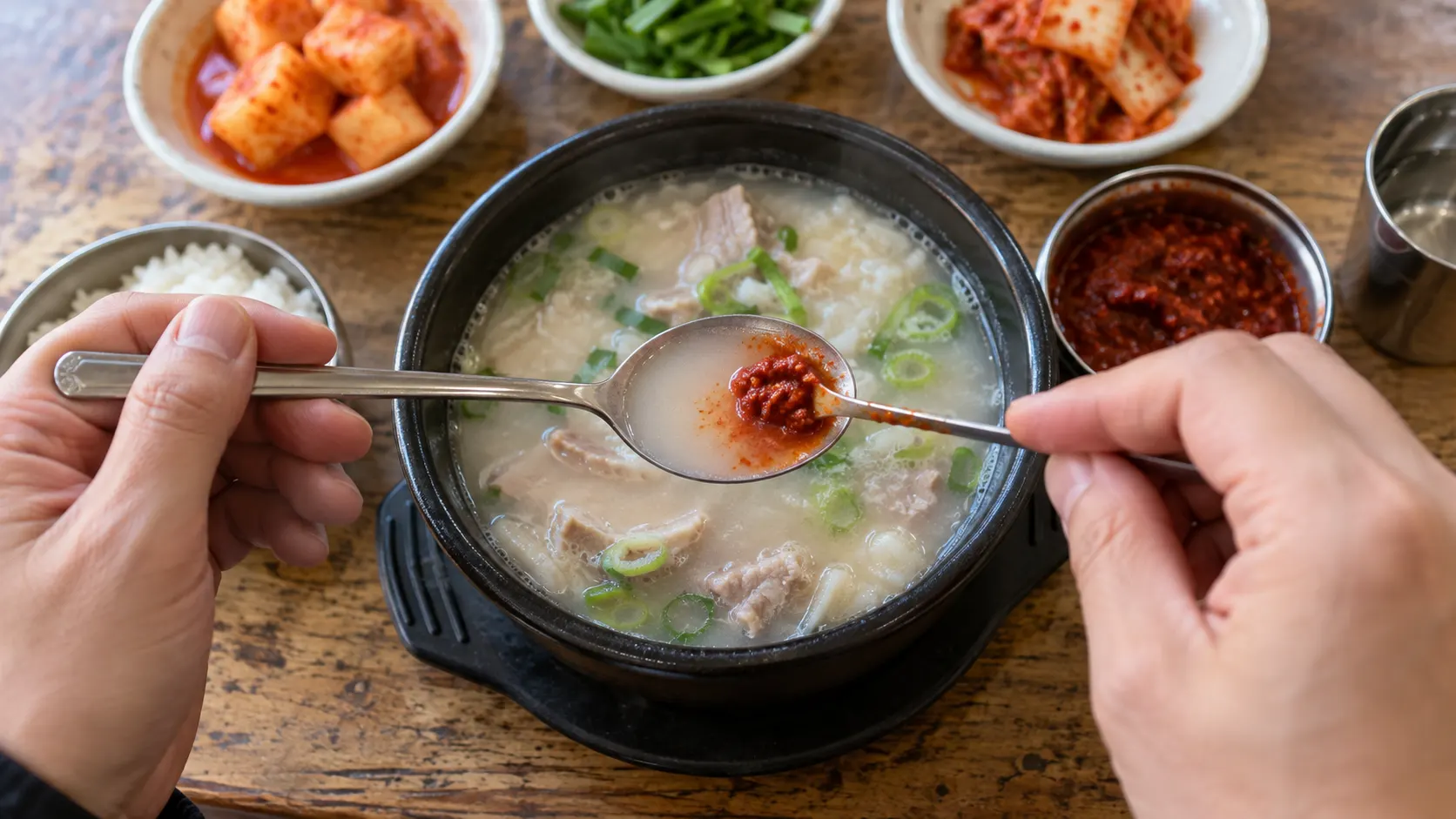 국밥 한 그릇에 매운 양념을 모두 풀기 전에 숟가락에 덜어낸 국물에 양념을 조금 섞어 맛을 보는 장면입니다. 그릇 전체에 넣기 전 맵기를 가늠하고 추가할 양을 정하는 과정을 보여줍니다.