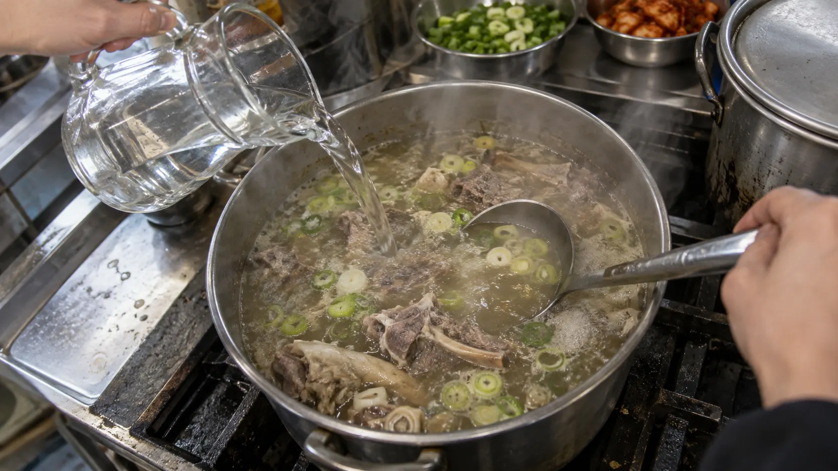 흑염소탕이 담긴 냄비에 맹물을 조금씩 붓고 국자로 섞는 장면입니다. 짜진 국물에 양념을 추가하기 전에 수분을 보충하는 순서를 보여 주며 한꺼번에 많이 희석하지 않는 조절 방식을 설명합니다.
