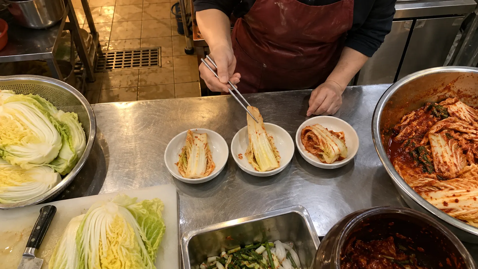 같은 부위에서 덜어 낸 배추김치를 동일한 그릇에 담고 줄기의 단단함을 살피는 비교 장면입니다. 접시별 양과 맛보는 조건을 맞춰 신맛과 식감을 따로 기록하는 과정을 나타냅니다.