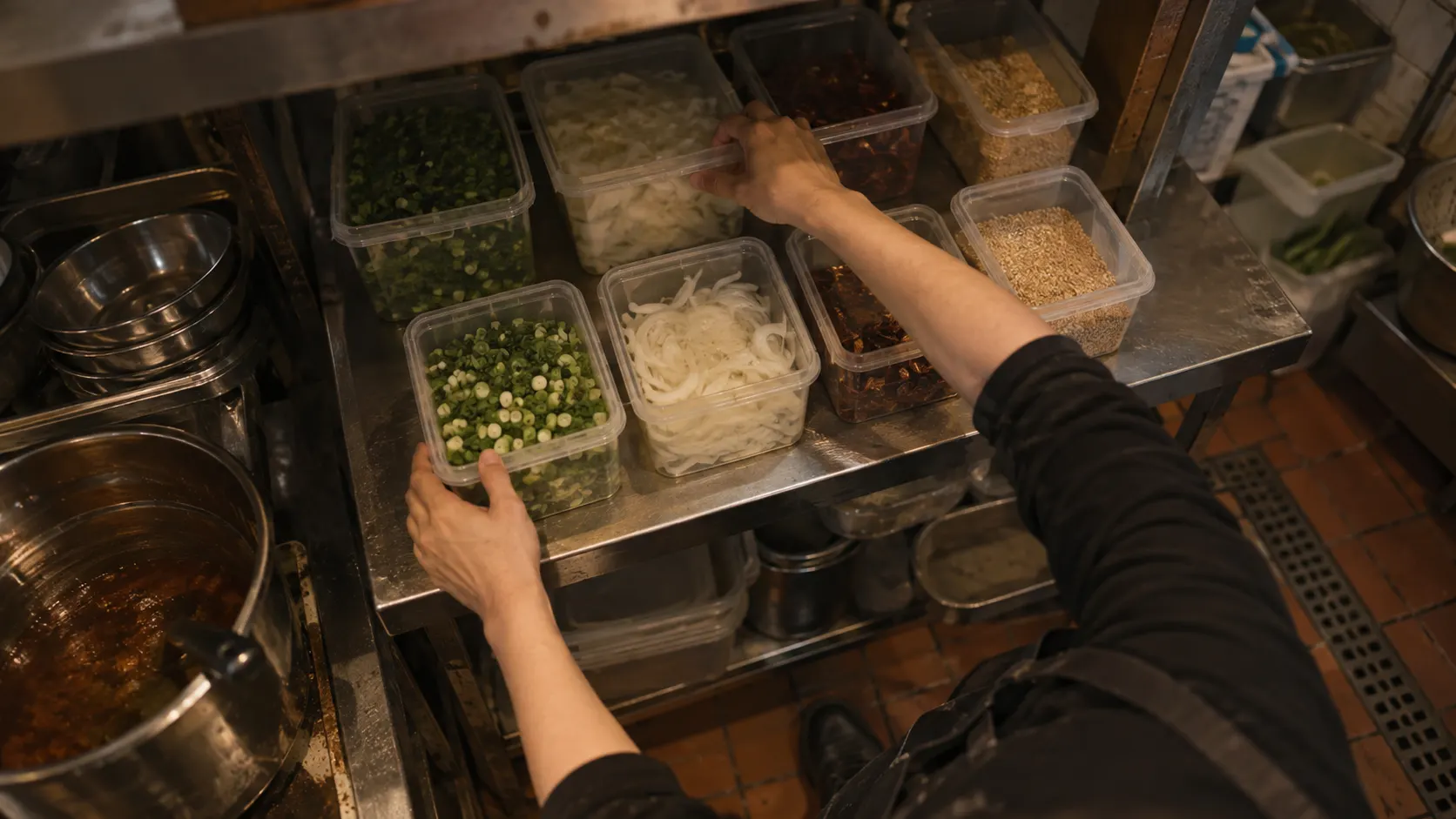 식재료 용기를 꺼내 쓰는 순서에 맞춰 앞뒤로 배치한 재고 관리 장면입니다. 먼저 입고된 물량을 앞에 두는 선입선출과 앞으로 들어올 수량을 정하는 발주의 차이를 설명합니다.