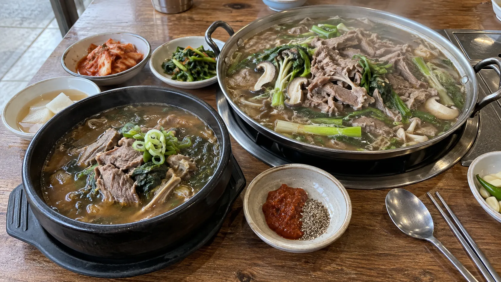 개인별로 받는 탕과 한 냄비를 함께 나누는 전골을 나란히 놓아 식사 방식을 비교하는 장면입니다. 고기와 국물의 구성을 구분하고 양념의 별도 제공 여부를 질문하는 맥락을 보여줍니다.