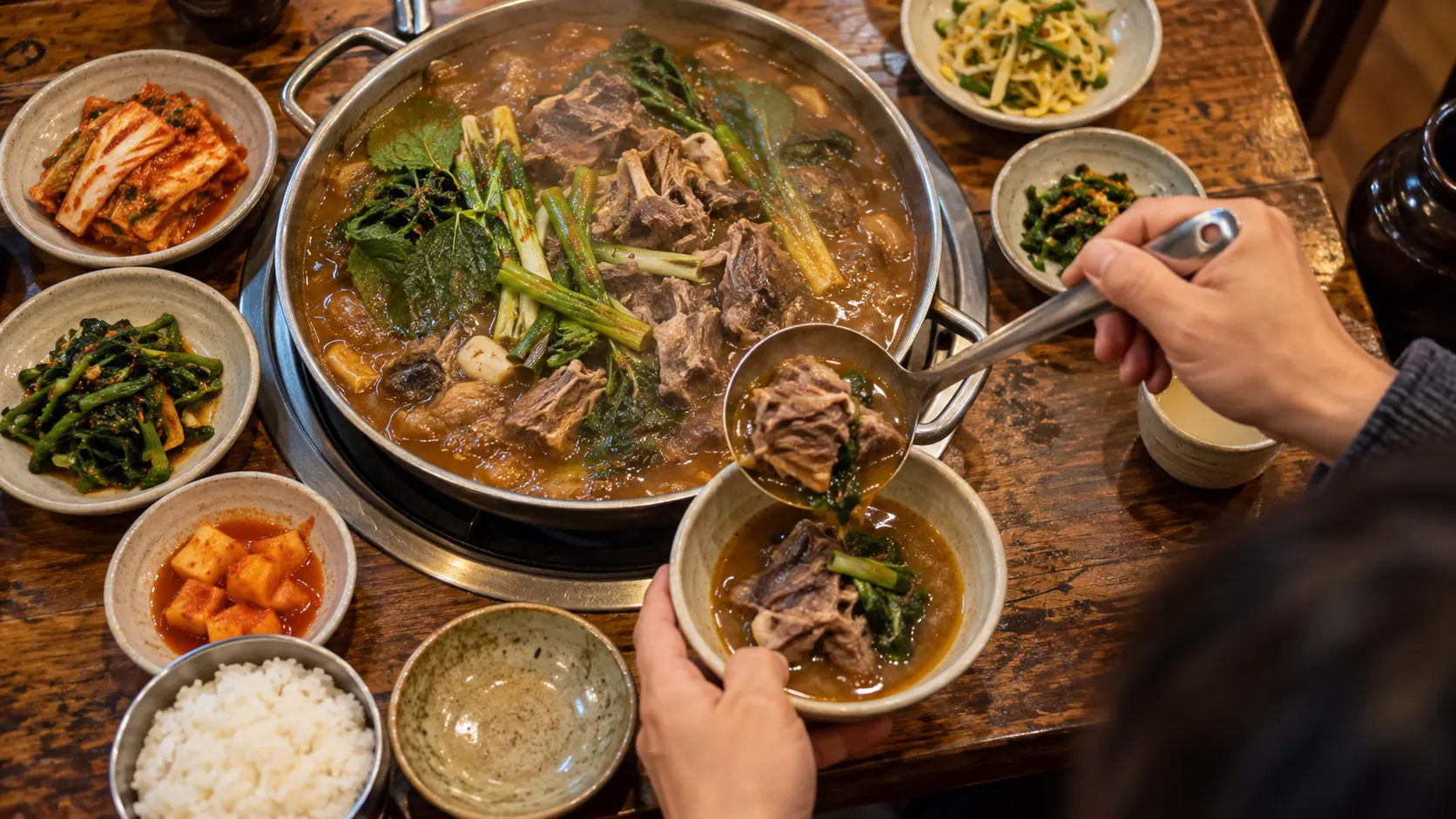 공용 냄비에 담긴 흑염소전골에서 고기와 국물을 작은 그릇에 덜어 놓은 장면으로, 음식 사진의 그릇 크기에 기대기보다 실제로 나누어 먹을 건더기와 기본 구성을 구분하는 과정을 보여줍니다.