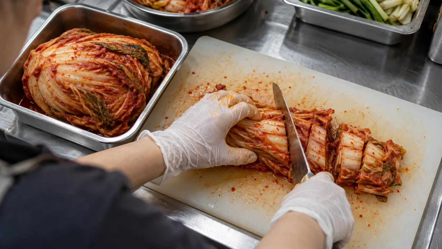 조리용 도마에서 배추김치를 자르는 손과 옆 용기에 남겨 둔 포기김치가 함께 보입니다. 잘린 단면이 늘어나는 모습을 통해 배식에 쓸 분량만 나누어 준비하는 작업을 설명합니다.