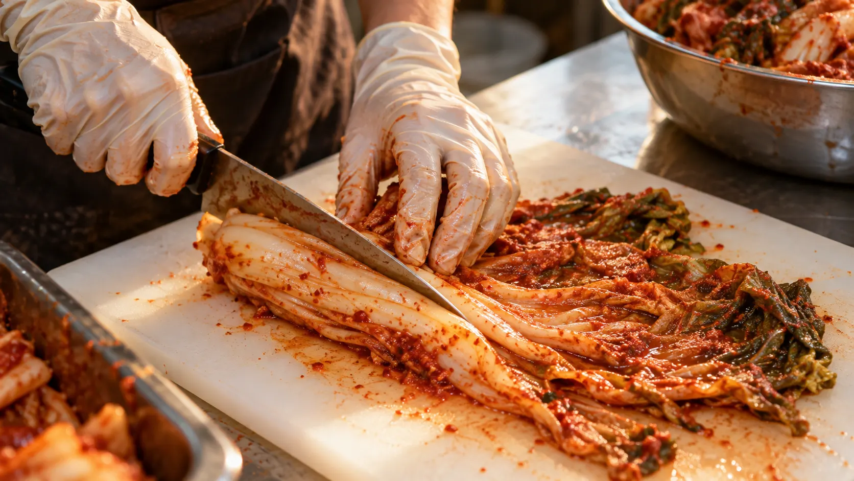 도마 위에 펼친 배추김치의 넓고 두꺼운 흰 부분을 세로로 나누는 모습으로, 잎은 뭉치지 않게 옆으로 펴 두고 줄기의 폭부터 줄인 다음 가로 방향으로 써는 손질 순서를 보여줍니다.