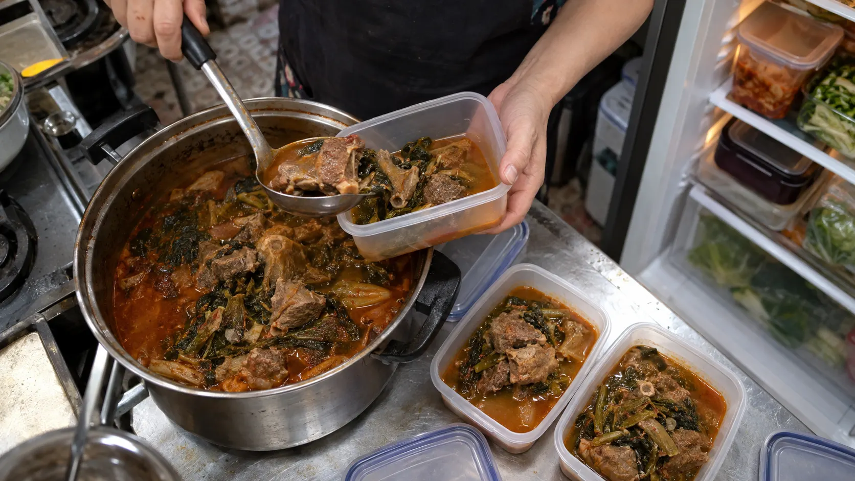 흑염소전골 밀키트의 남은 국물과 고기를 뚜껑 있는 용기에 나누어 담는 주방 장면입니다. 식사 뒤 점검할 대상이 몸의 불편감뿐 아니라 남은 음식의 보관 과정까지 이어진다는 내용을 보여줍니다.