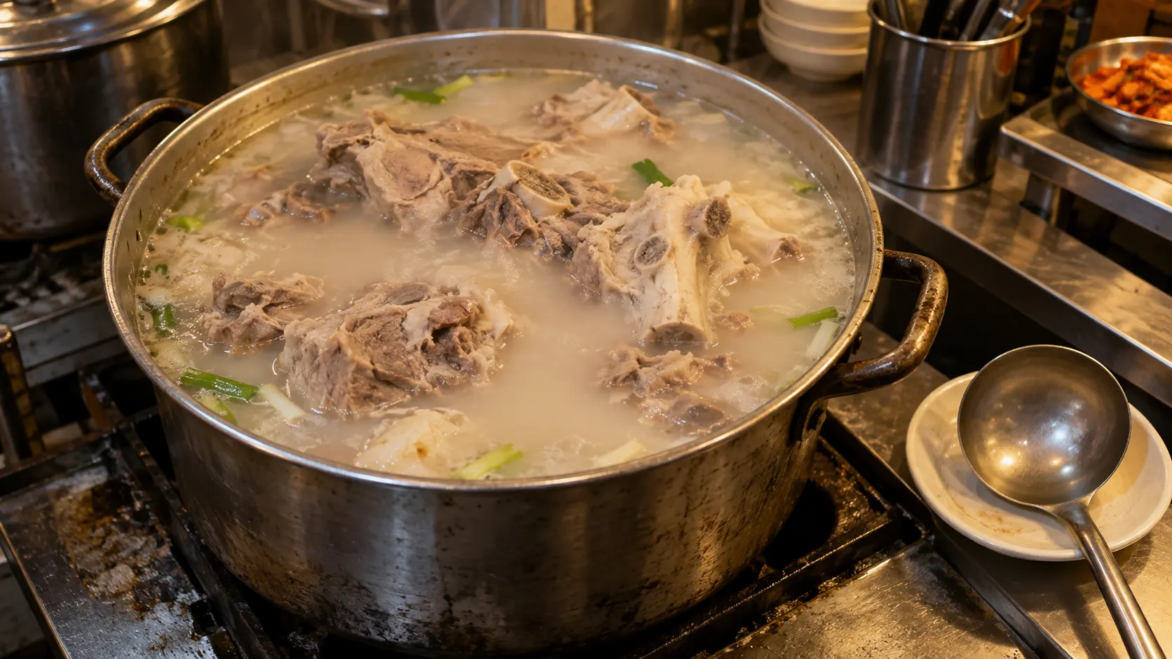 넓은 냄비에 담긴 감자탕의 가장자리에서 작은 기포가 올라오고 가운데 국물은 잔잔한 모습입니다. 식사 중에는 큰 기포가 연달아 터지는 상태보다 끓는 움직임을 줄이는 쪽으로 불을 조절합니다.
