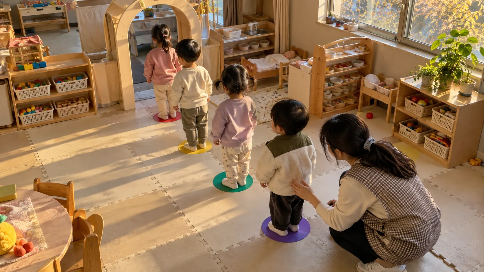 놀이 공간의 입구 앞에서 아이들이 바닥 표시를 따라 서고 앞사람이 멈추면 함께 기다리는 연습 장면입니다. 교사는 몸이 닿지 않는 간격과 다른 사람이 지나갈 통로를 보여 줍니다.