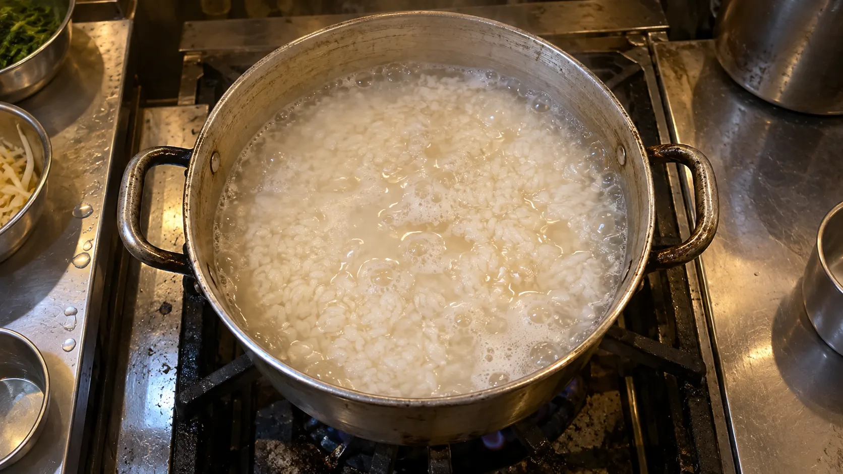 솥 안에서 쌀과 물이 함께 끓으며 밥알 사이로 기포가 올라오는 모습입니다. 물이 끓는 상태는 가열이 진행되는 장면이며 밥알 중심까지 익었는지는 끓는 모습만으로 판단하지 않는다는 설명을 보여 줍니다.