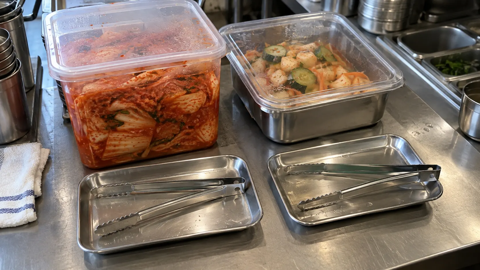 김치를 담은 용기와 다른 반찬 용기 옆에 집게가 각각 분리된 받침에 놓인 배식대입니다. 제조 원료 확인과 별개로 배식 과정의 공용 도구 사용과 다른 식품의 혼입 경로를 점검하는 장면입니다.