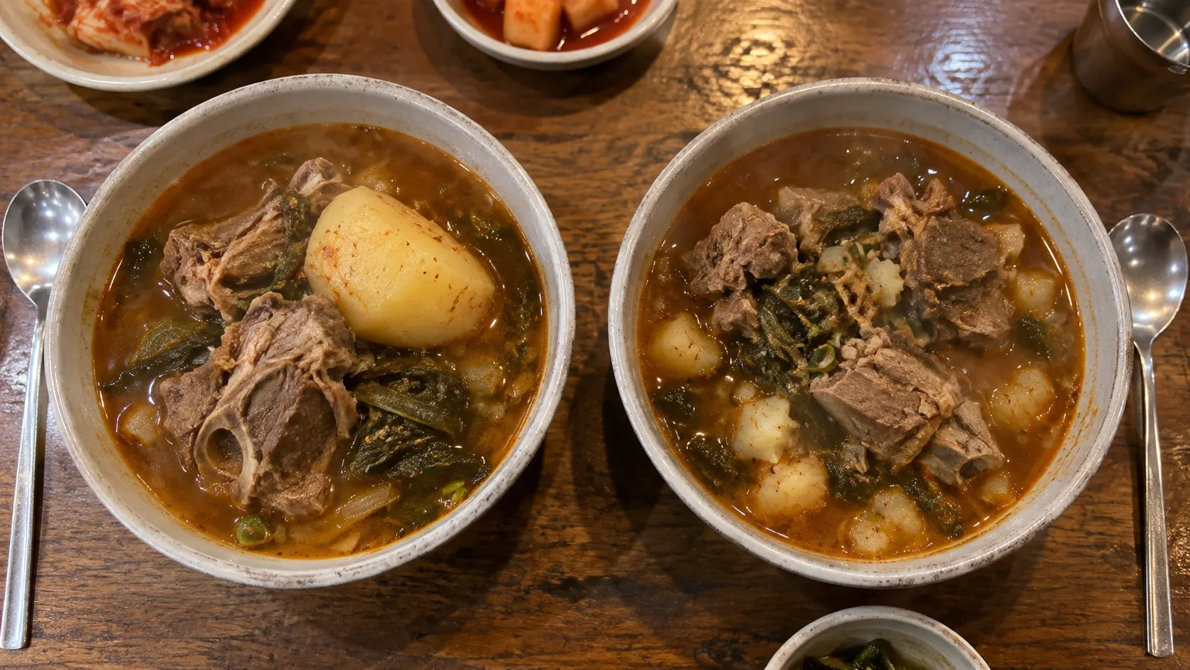 같은 모양의 그릇에 감자 덩어리가 남은 국물과 작은 감자 조각이 퍼진 국물을 각각 담은 모습입니다. 덩어리의 형태와 국물에 섞인 입자를 나란히 보여 주어 감자가 부서지기 전후의 차이를 비교합니다.