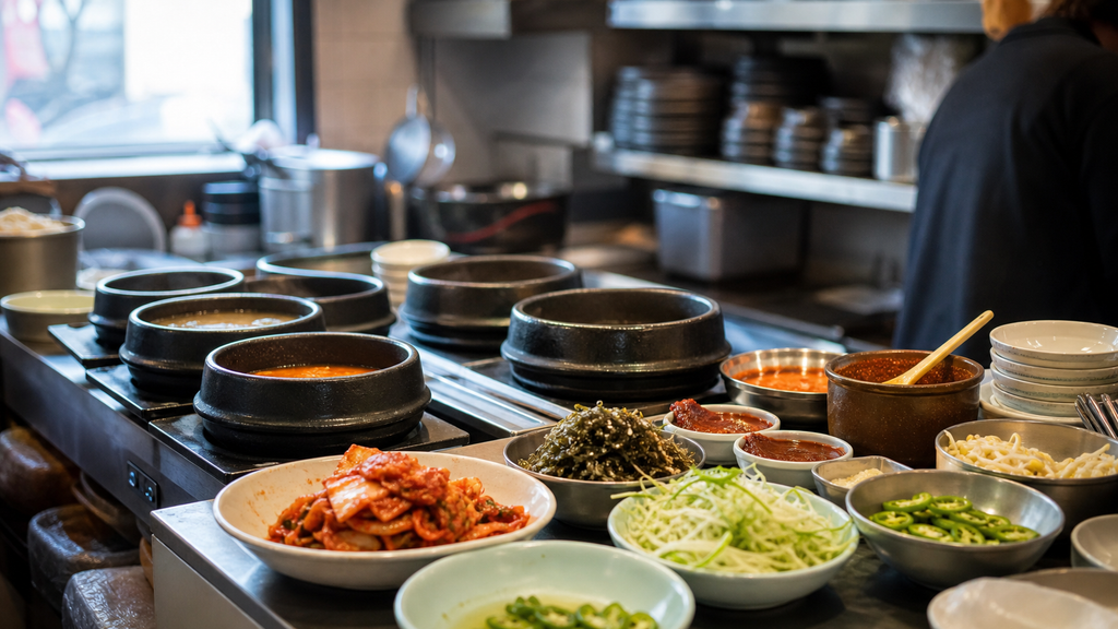 점심 영업 전 개별 솥과 재료, 반찬을 동선에 맞춰 준비해 두는 한식 매장 주방 운영 장면 — 솥밥 매장의 기본 구조(솥밥 중심 한식 매장 운영에 대해 자주 묻는 질문과 알아둘 점) 내용을 보여주는 사진