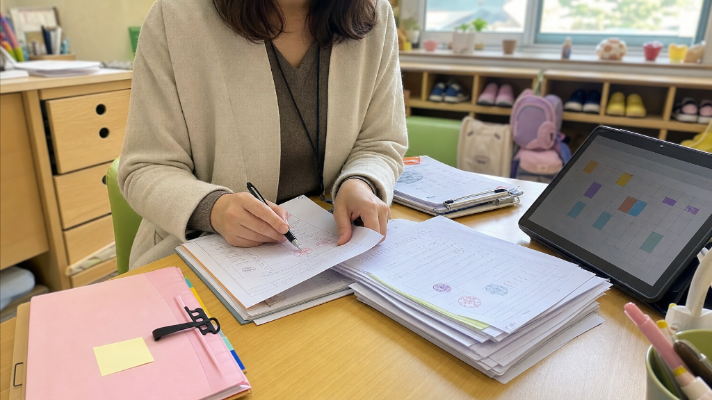보육기관 담당자가 일정표와 문서를 함께 확인하며 체험학습 예약에 필요한 행정 정보를 검토하는 장면 — 문서 준비와 기관 업무 흐름(체험사업자 상품 관리에 대해 자주 묻는 질문과 알아둘 점) 내용을 보여주는 사진